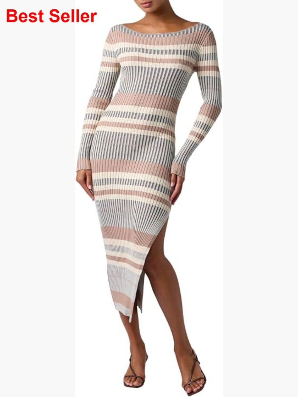 Off the Shoulder Midi Sweater Dress Bodycon Long Sleeve Striped